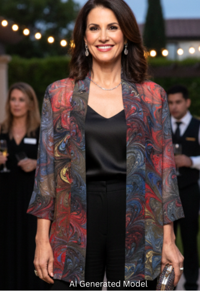 woman wearing a warm colored marbled silk kimono over pants.  AI generated models.
