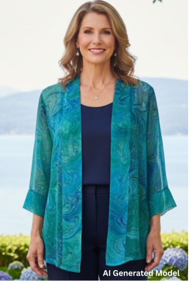 woman wearing a silk chiffon kimono jacket in soft aquas and greens.  AI generated model.