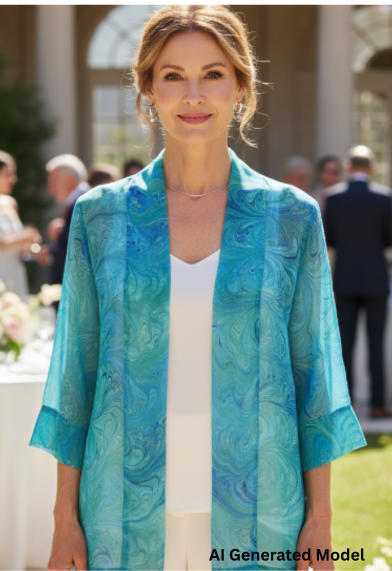 woman wearing soft aqua kimono jacket over an off white pants outfit.  AI generated model.