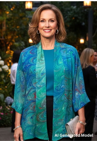 Woman in a hand marbled sheer silk kimono jacket standing outdoors with decorative lights and people in the background.  AI generated model.