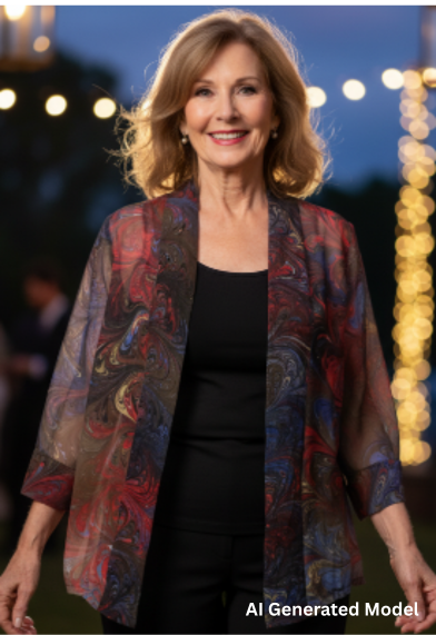 Woman standing at an outside evening event wearing a marbled silk kimono jacket in brown, red and gold tones.  AI generated model.