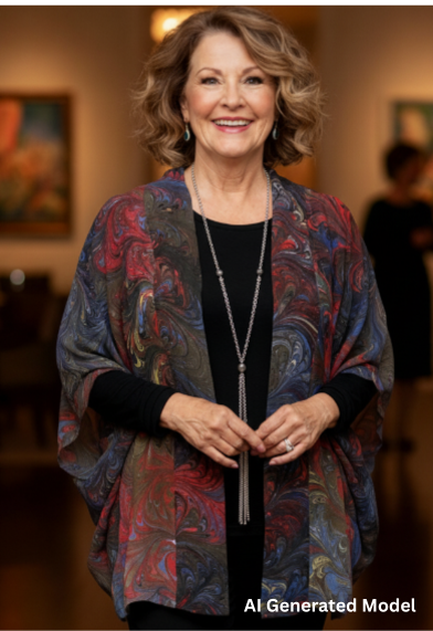 Woman wearing a hand marbled silk sheer kimono jacket in an indoor setting,  AI generated model.