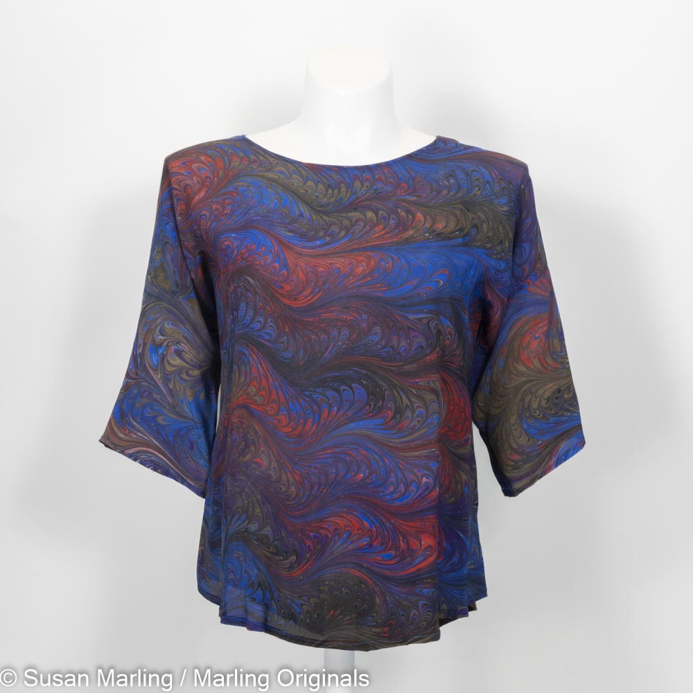 Marbled silk top with round neck, half sleeves.  Brown, red, purple, celery
