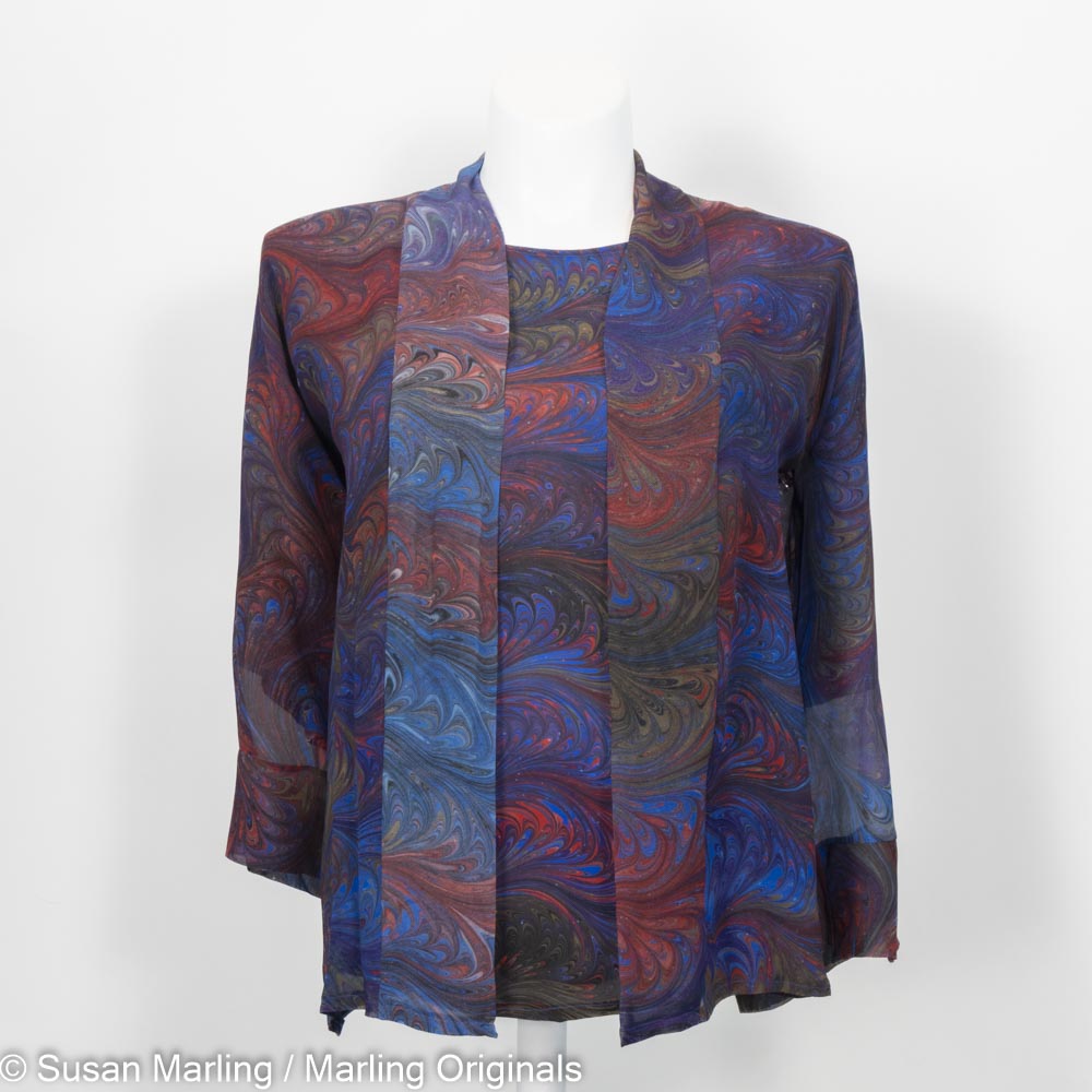 Marbled silk top with coordinating sheer silk jacket. Deep brown, purple, red in feathered pattern