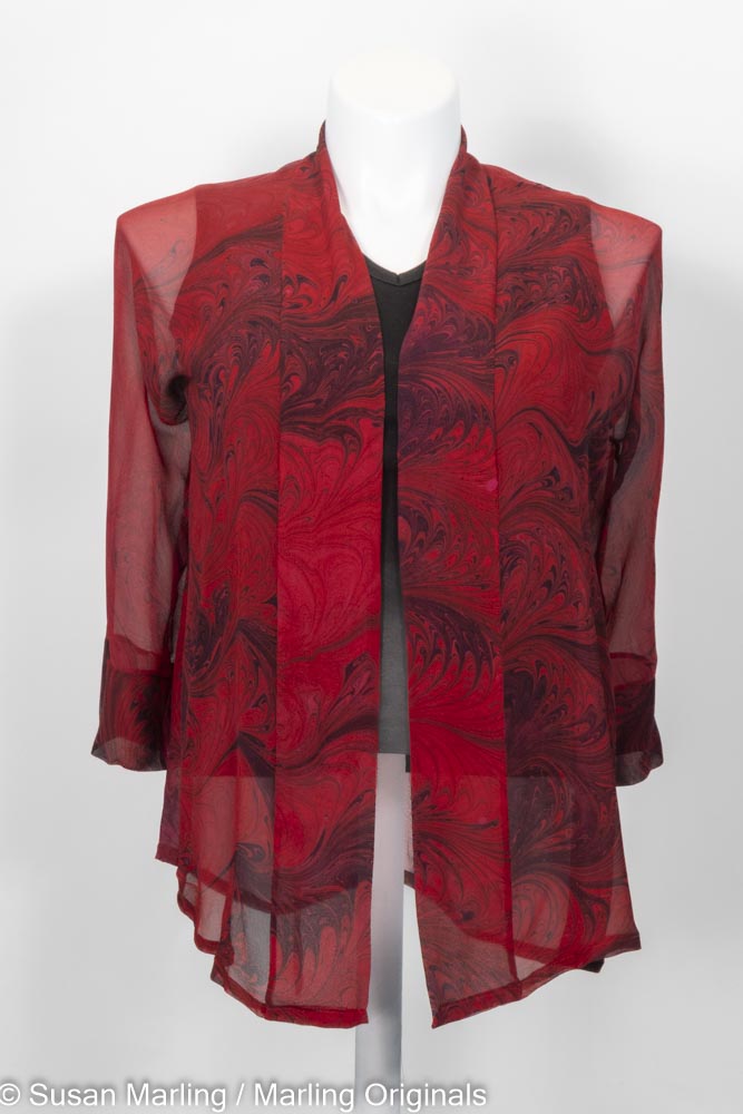 sheer marbled silk kimono style jacket in red and black