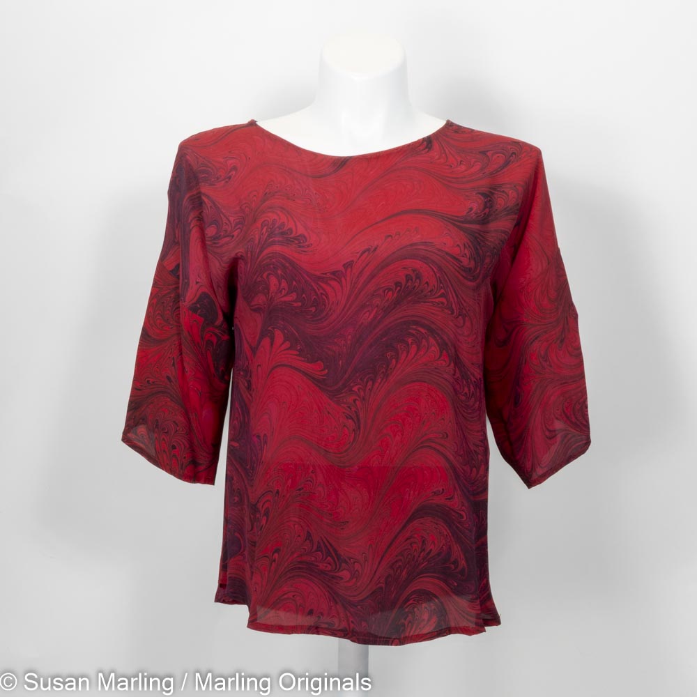 hand marbled silk blouse in red and black round neck with half sleeves