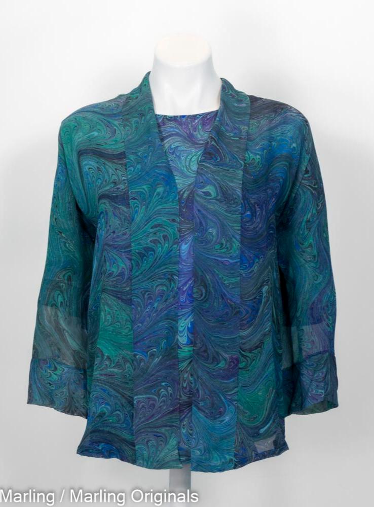 marbled silk chiffon jacket with coordinating silk top blues, greens, purple