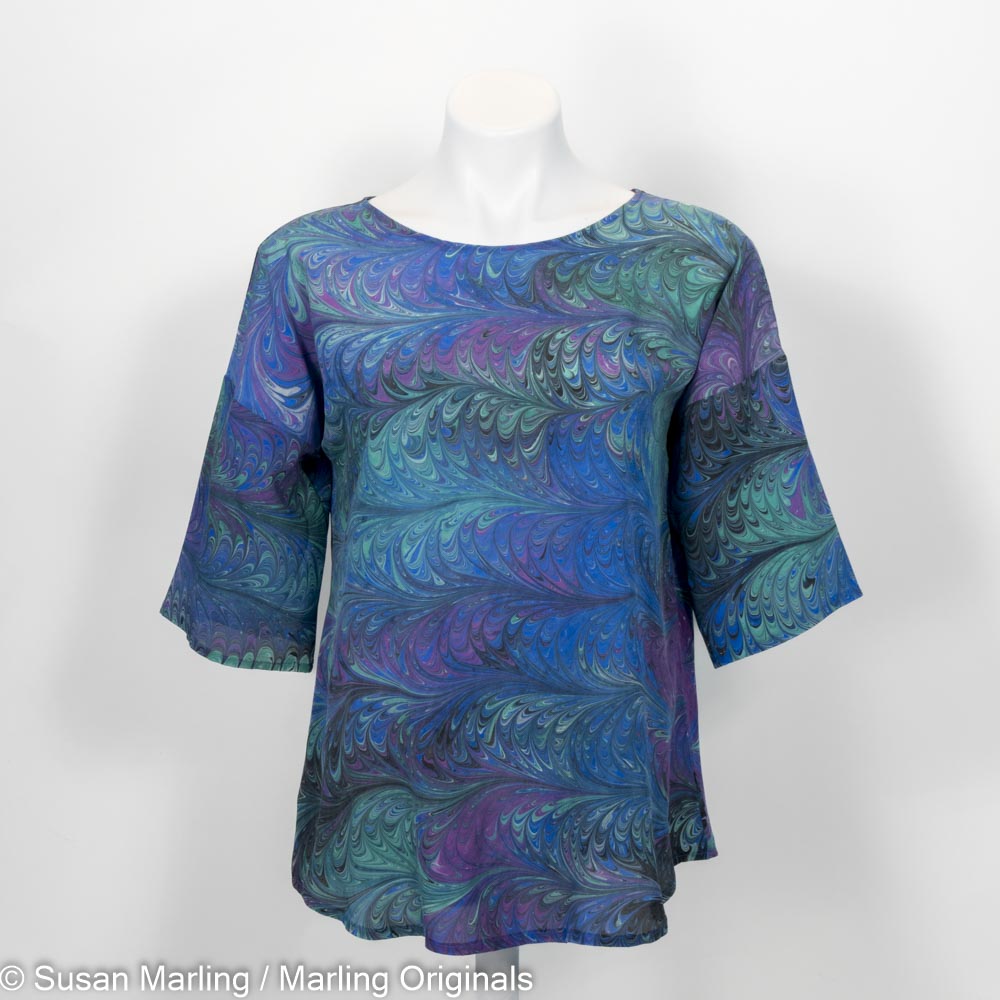 silk top with half sleeves marbled in rich royal, emerald and violet colors