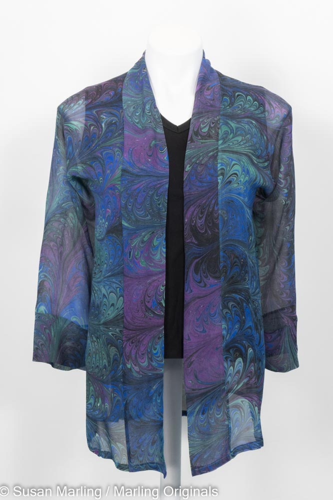 hand marbled chiffon silk kimono jacket in rich blue, emerald, violet colors