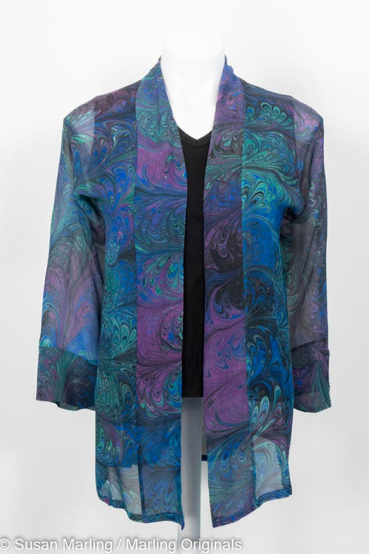 hand marbled chiffon silk kimono jacket in rich blue, emerald, violet colors