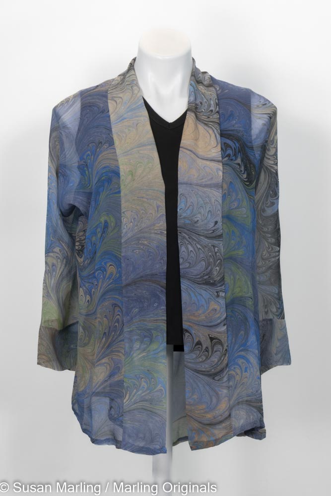 sheer kimono style jacket marbled in powder blue, peach and celery colors