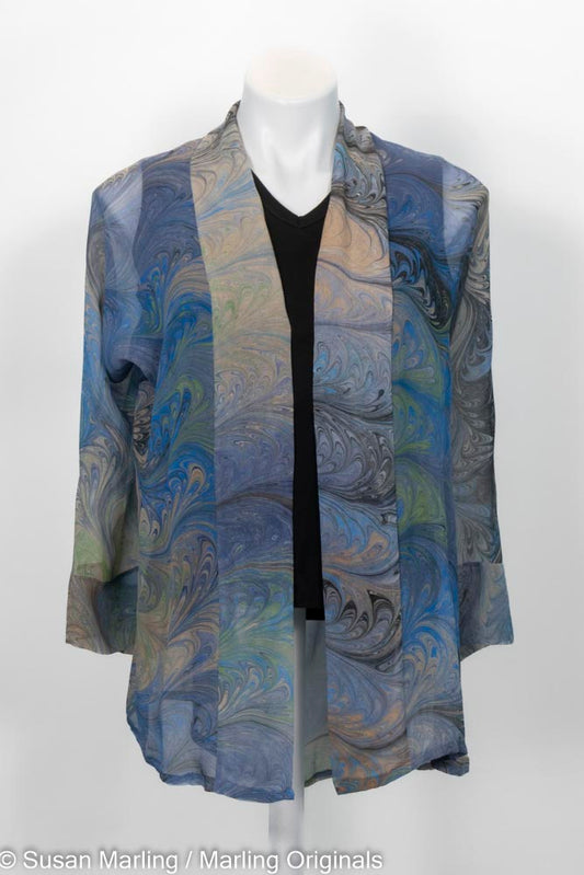 sheer kimono style jacket marbled in powder blue, peach and celery colors