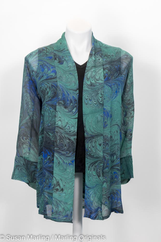 sheer silk kimono jacket handcrafted/marbled with feathered pattern in emerald and blue