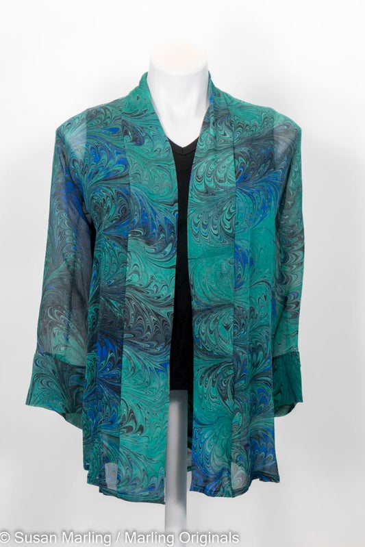 sheer silk kimono jacket handcrafted/marbled with feathered pattern in emerald and blue