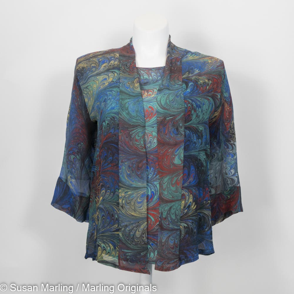 kimono sheer jacket with matching silk crepe blouse. Feathery marbled pattern in blue green red 