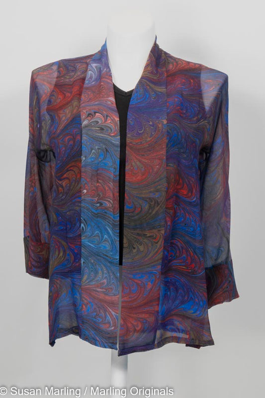 sheer marbled silk jacket in feathered pattern of brown, purple, red. Kimono style front and sleeves