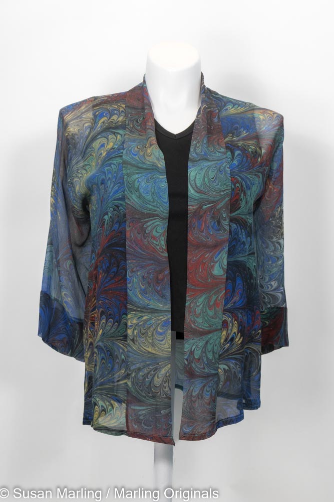 kimono style sheer jacket with marbled pattern in blue, green, red, yellow