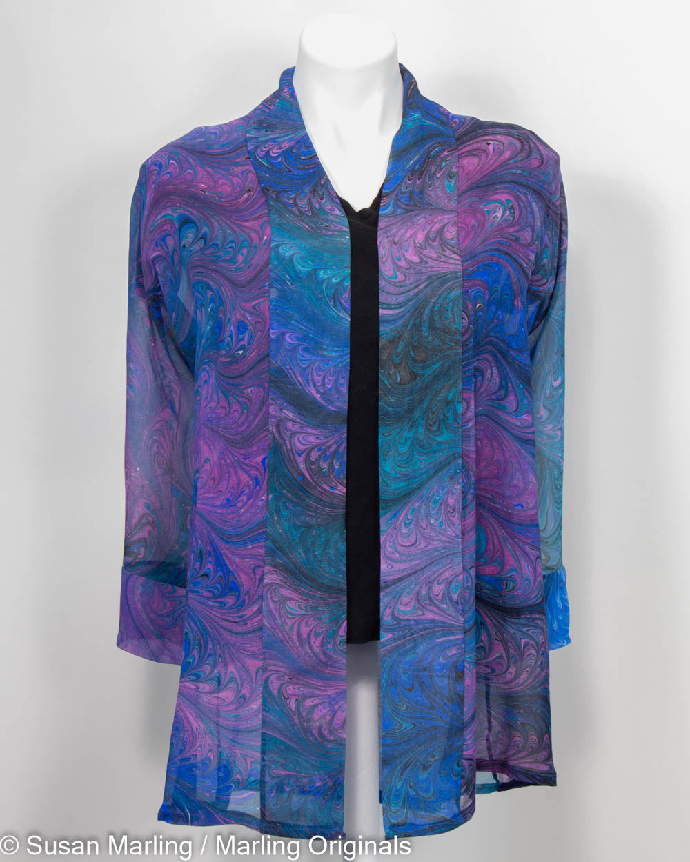 sheer silk kimono jacket marbled in rich blue, green and violet