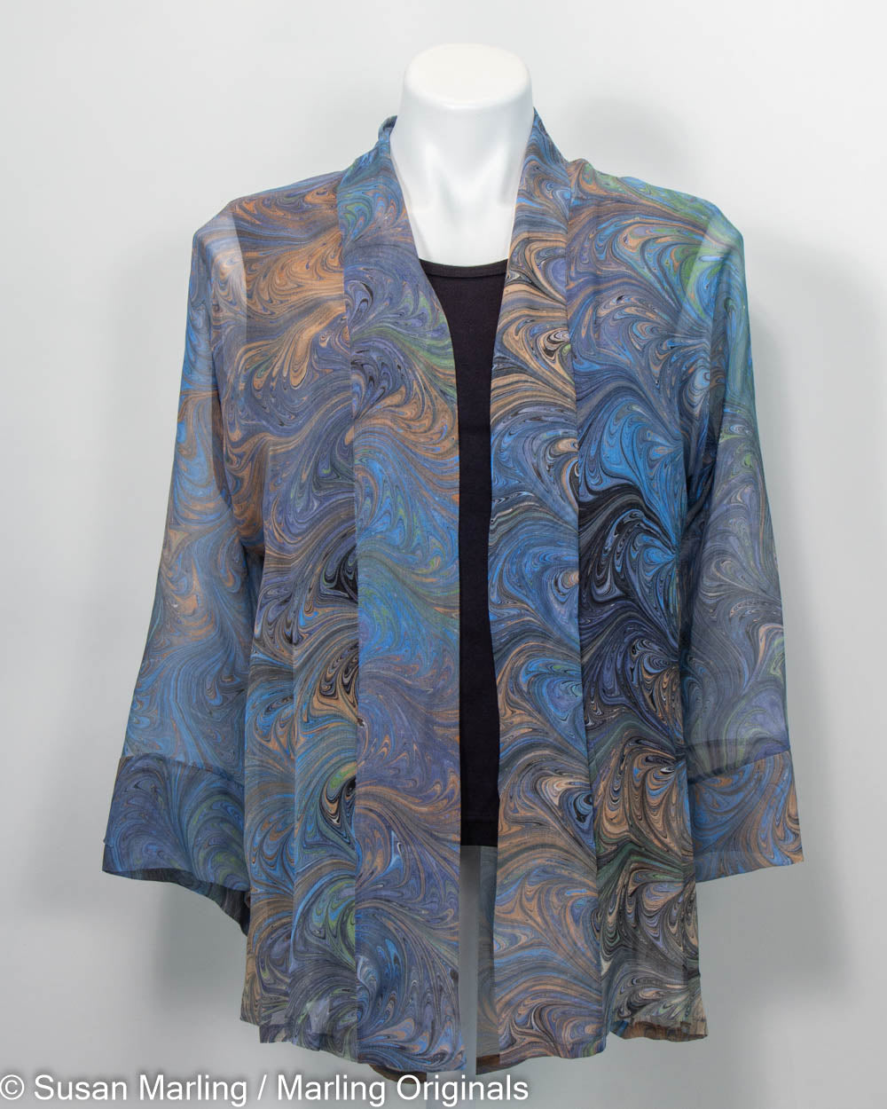 sheer silk kimono jacket in deep grey with peach, black and powder blue marbled pattern
