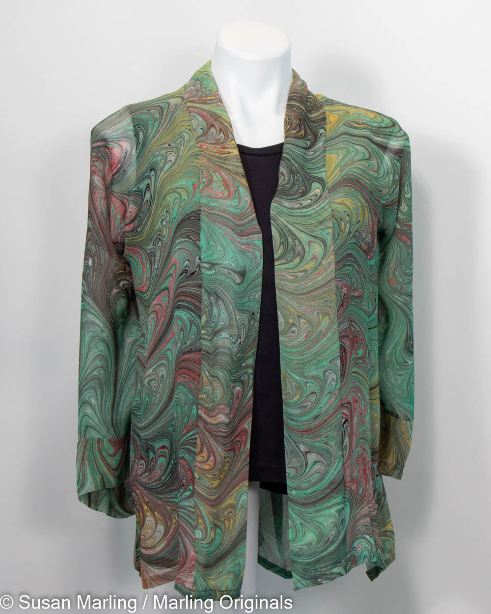 sheer kimono jacket in marbled pattern of warm green tones with sienna and gold
