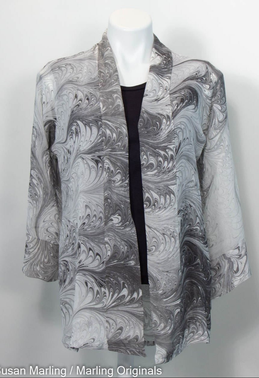 sheer silk kimono in a marbled print of charcoal and white