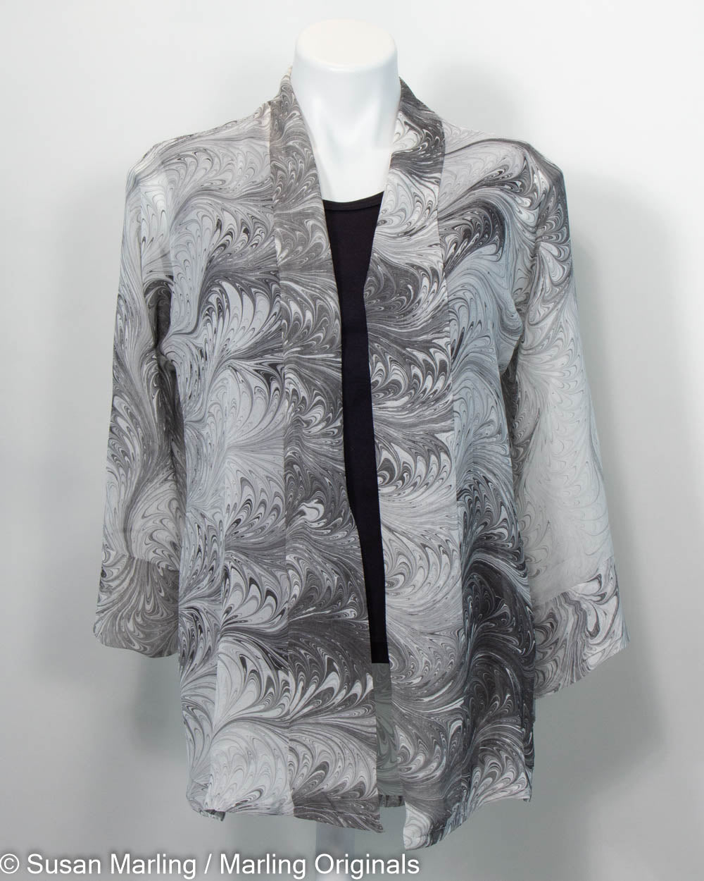 sheer silk kimono in a marbled print of charcoal and white