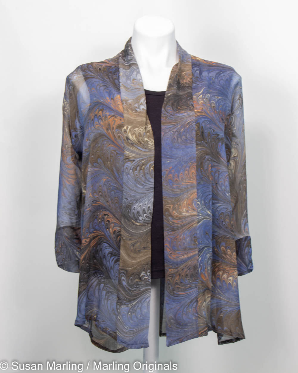 marbled silk chiffon jacket in colors of chocolate, denim and cream