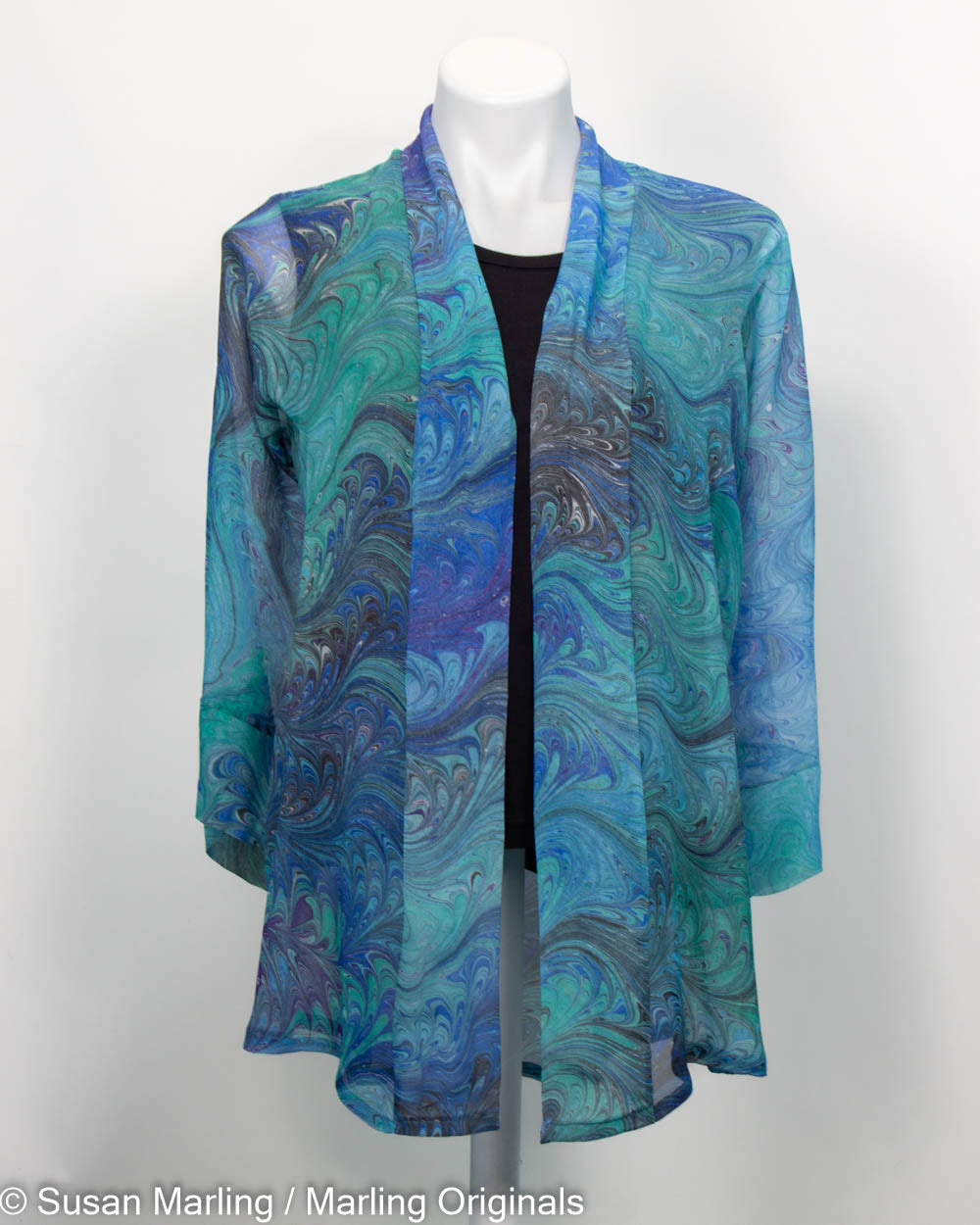 soft aqua, teal and blue marbled in a feathered pattern made into a sheer silk kimono jacket