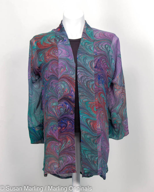 sheer kimono hand painted in green, blue, violet and red marbled feather pattern