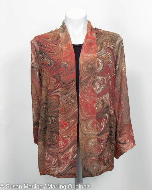 sheer silk kimono jacket in coral and salmon marbled pattern