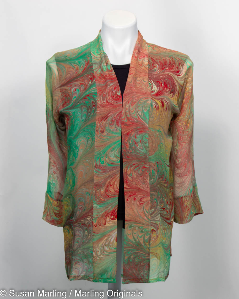 hand marbled silk chiffon kimono in spring green with sienna, red and gold colors