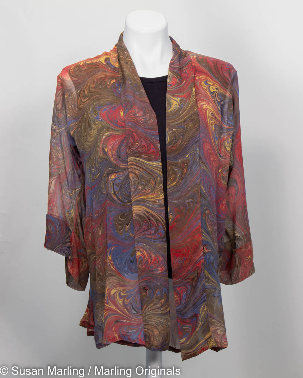 sheer silk kimono jacket in warm earth tones in a feathery marbled pattern 