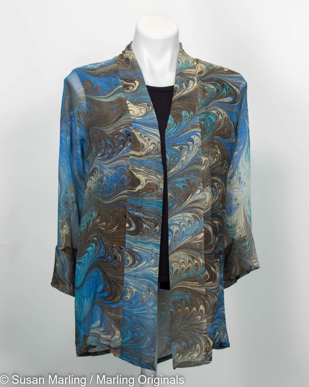 marbled silk chiffon kimono style jacket in powder blue, chocolate, black and cream