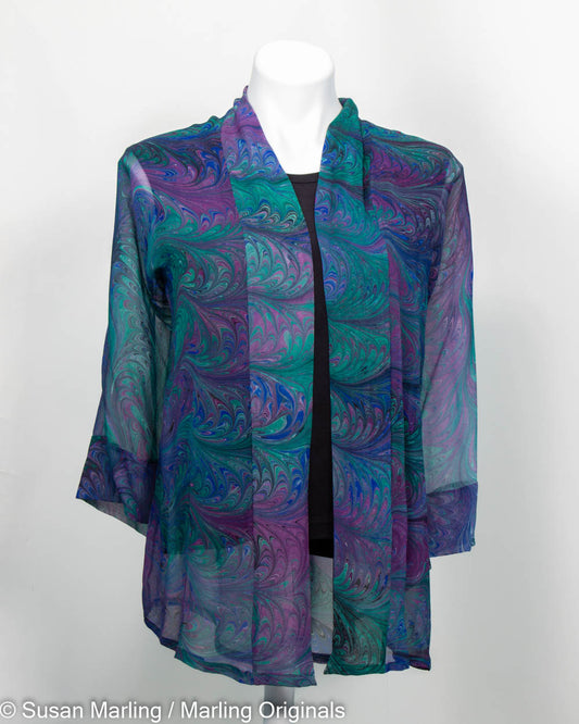 marbled silk kimono jacket in pretty blue, violet and green