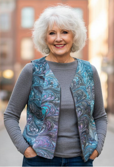 woman wearing a marbled leather vest in eggplant and green colors