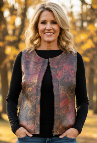 Woman wearing a marbled leather vest, black shirt, blue jeans, and brown boots in a park with trees and fallen leaves.
