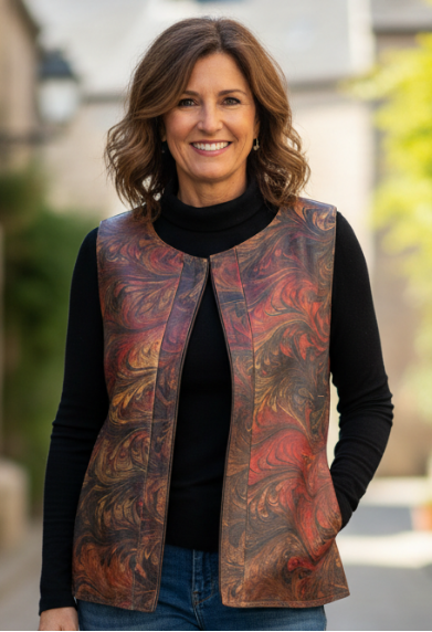 Woman wearing an upcycled marbled leather vest, black turtleneck, blue jeans, and brown boots on a street.