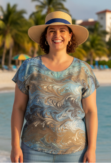 Woman standing on a beach wearing a marbled silk top and jeans with palm trees and a building in the background.