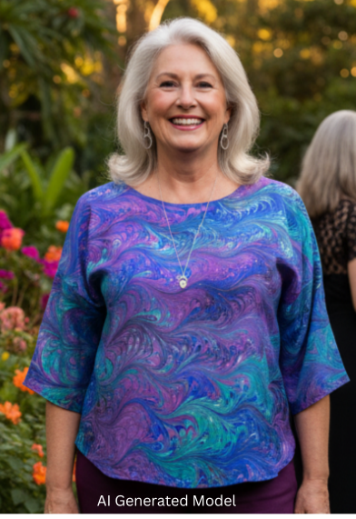 Woman in a colorful marbled silk top in blue, green and violet colors standing in a garden with other people in the background.  AI Generated model.