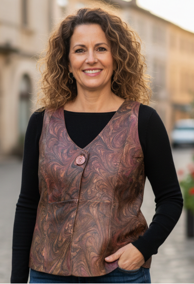 Woman wearing a marbled leather vest and jeans on a street