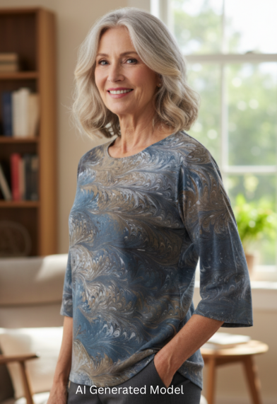 Woman wearing a charcoal and gray marbled silk half sleeve shirt in a home setting.  AI generated model.