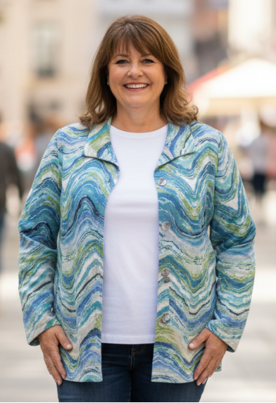 Woman wearing a colorful jacket and blue jeans standing on a city street.