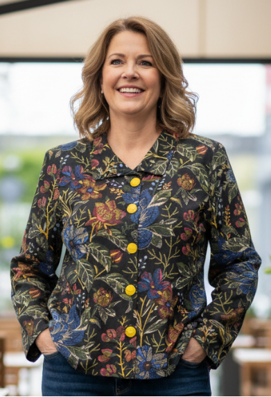Woman wearing a cotton canvas jacket with yellow buttons in an outdoor setting.