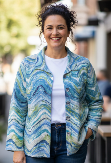 Woman wearing a blue patterned jacket and jeans standing outdoors.
