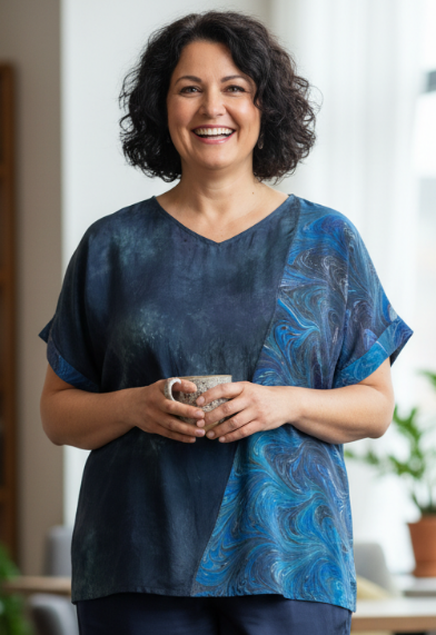 Woman wearing a marbled and dyed silk short sleeve shirt 