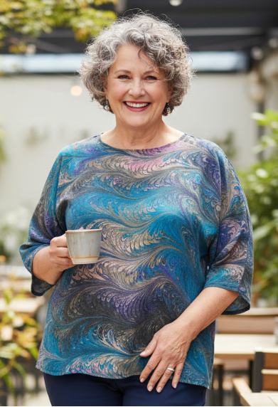 Woman in a marbled silk top in teal, peach and brown standing in an outdoor setting 