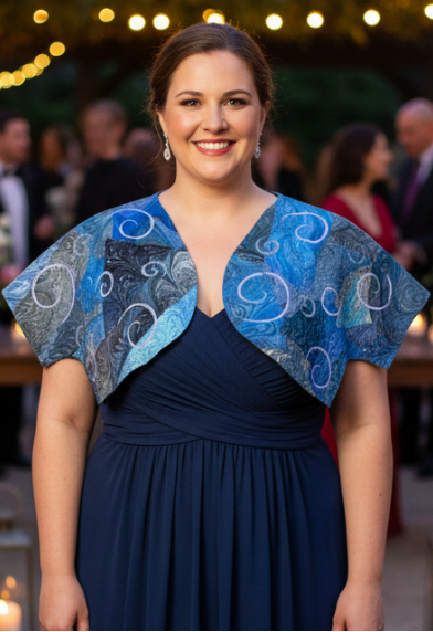 Woman in a blue dress with a quilted and marbled silk bolero standing outdoors at night.