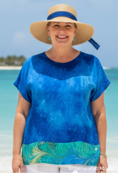 Woman in a blue hand dyed silk  top and white shorts standing on a beach with clear blue water and sky.  AI model