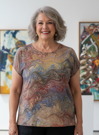woman wearing a gold, red and gray marbled silk top in an art gallery setting