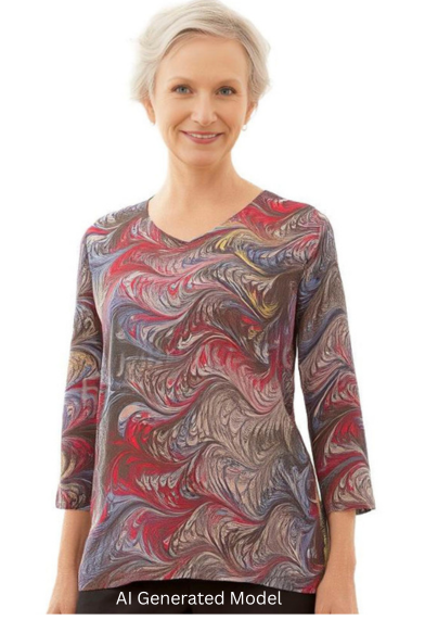 woman wearing brown marbled tunic.  AI Generated model.
